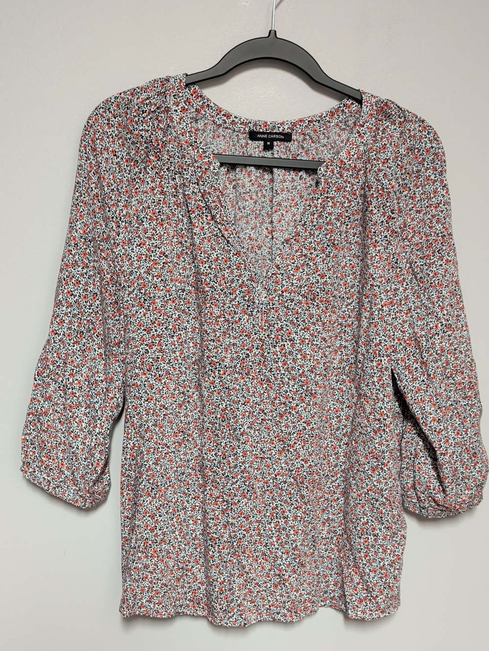 Anne Carson White and Coral ditsy floral blouse